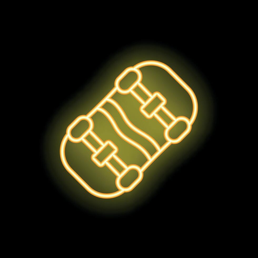 Yellow neon style skateboard icon on black background vector