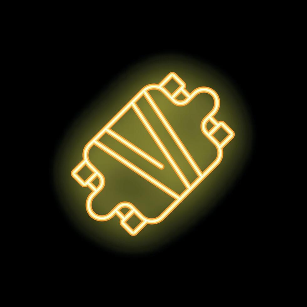 Yellow neon skateboard glowing on black background vector