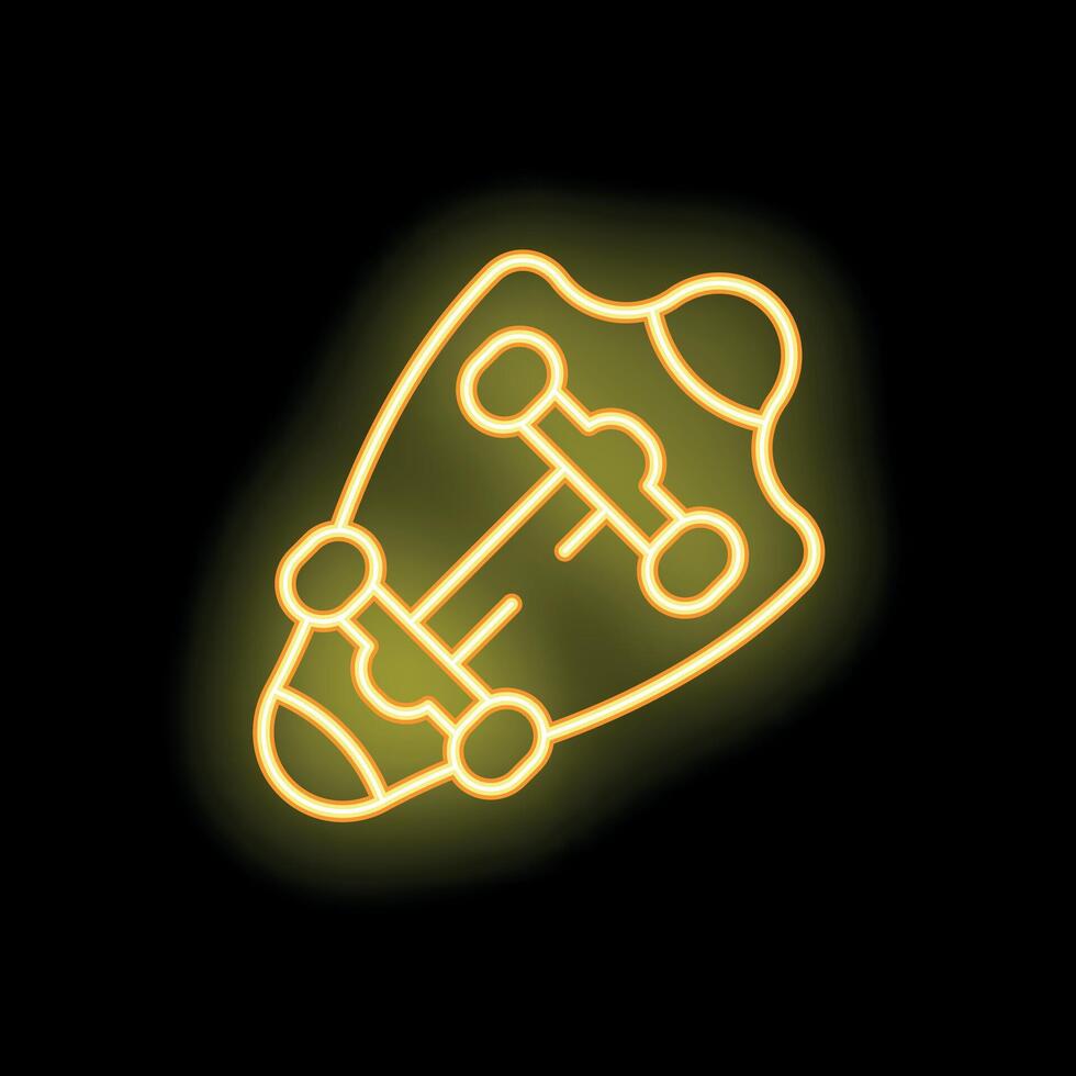 Yellow neon sign showing skateboard on black background vector