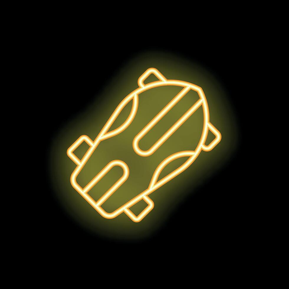 Yellow neon sign showing a skateboard on black background vector