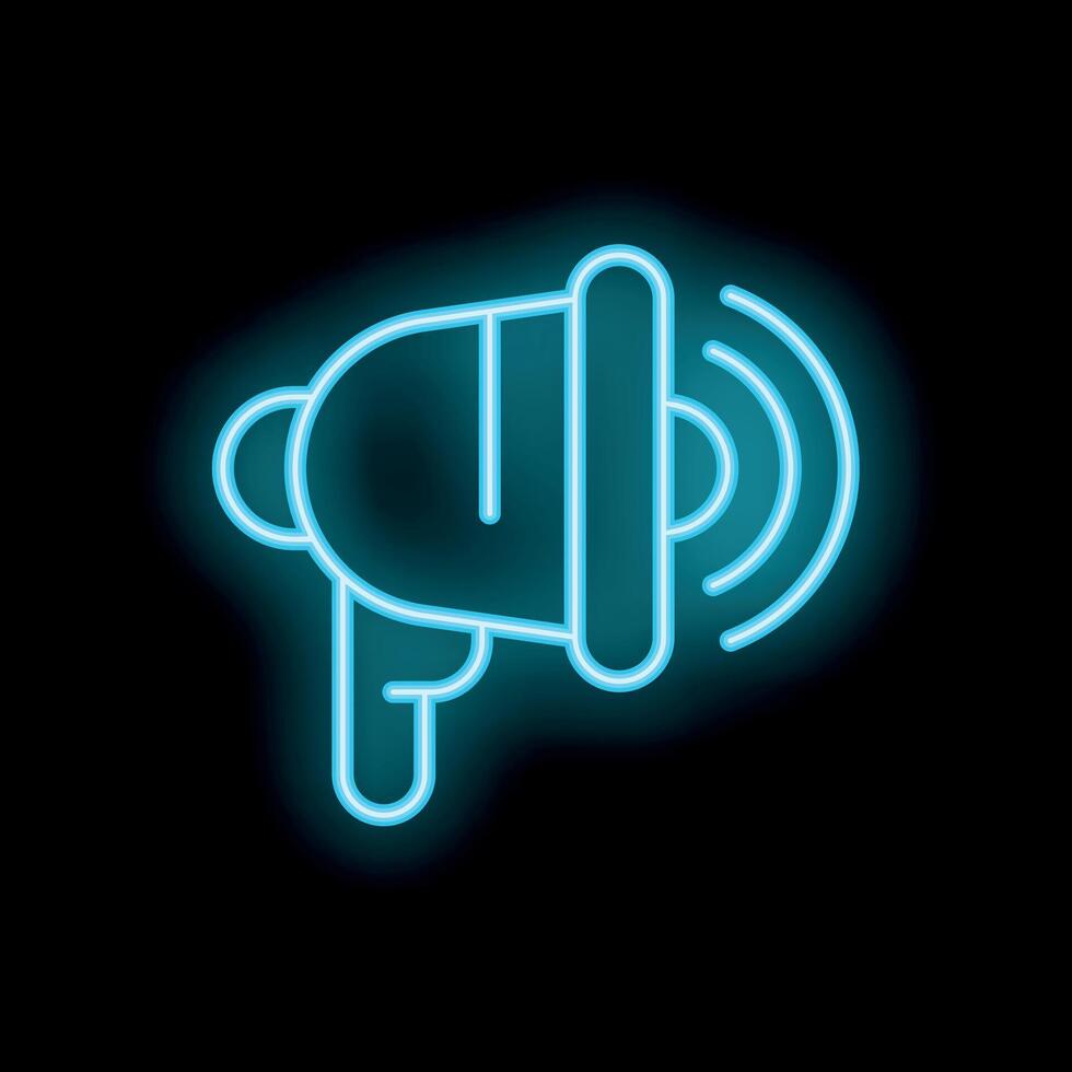 Neon megaphone icon broadcasting message on black background vector