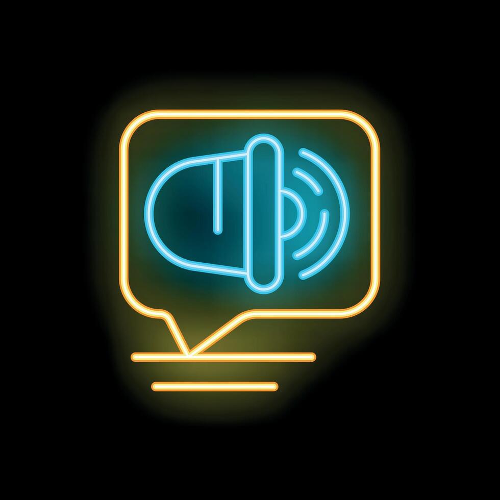 Neon sign showing blue ringing bell with sound waves inside yellow speech bubble on black brick wall vector