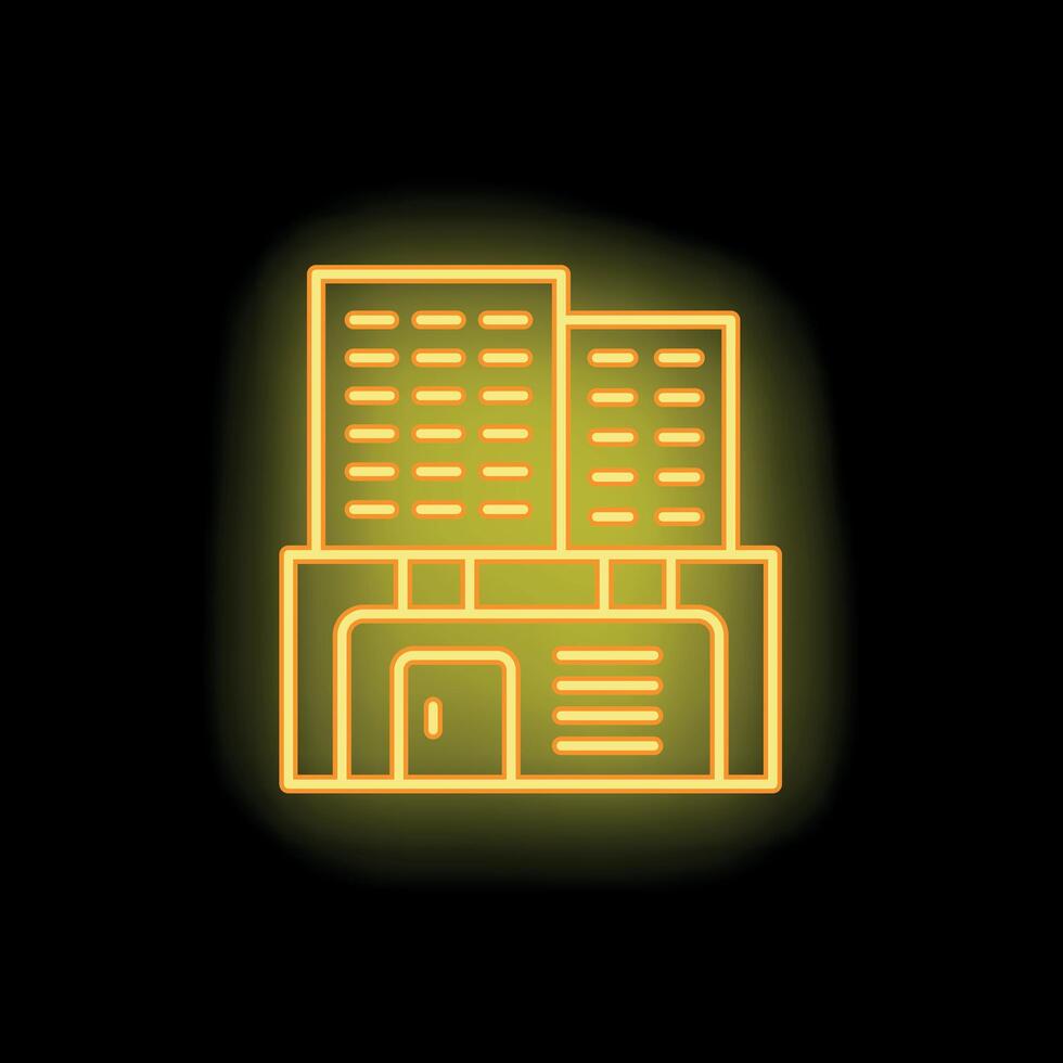 Neon yellow office building icon glowing on black background vector