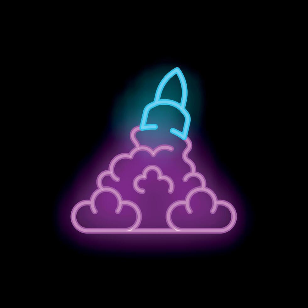 Neon rocket launching through clouds icon illustration on black background vector