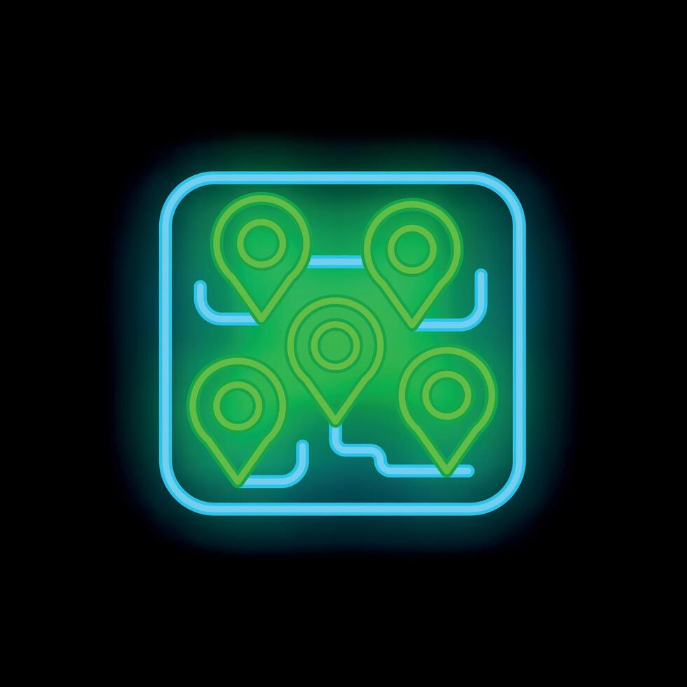 Neon map application showing multiple green gps location markers on a turquoise city grid vector