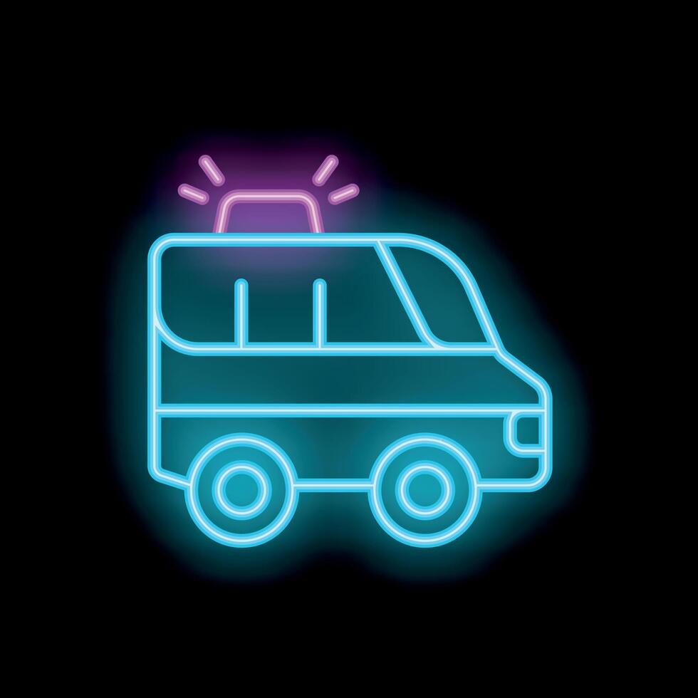 Glowing neon icon of police van with flashing siren lights vector