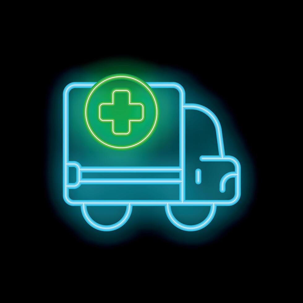 Neon ambulance icon glowing on dark background vector