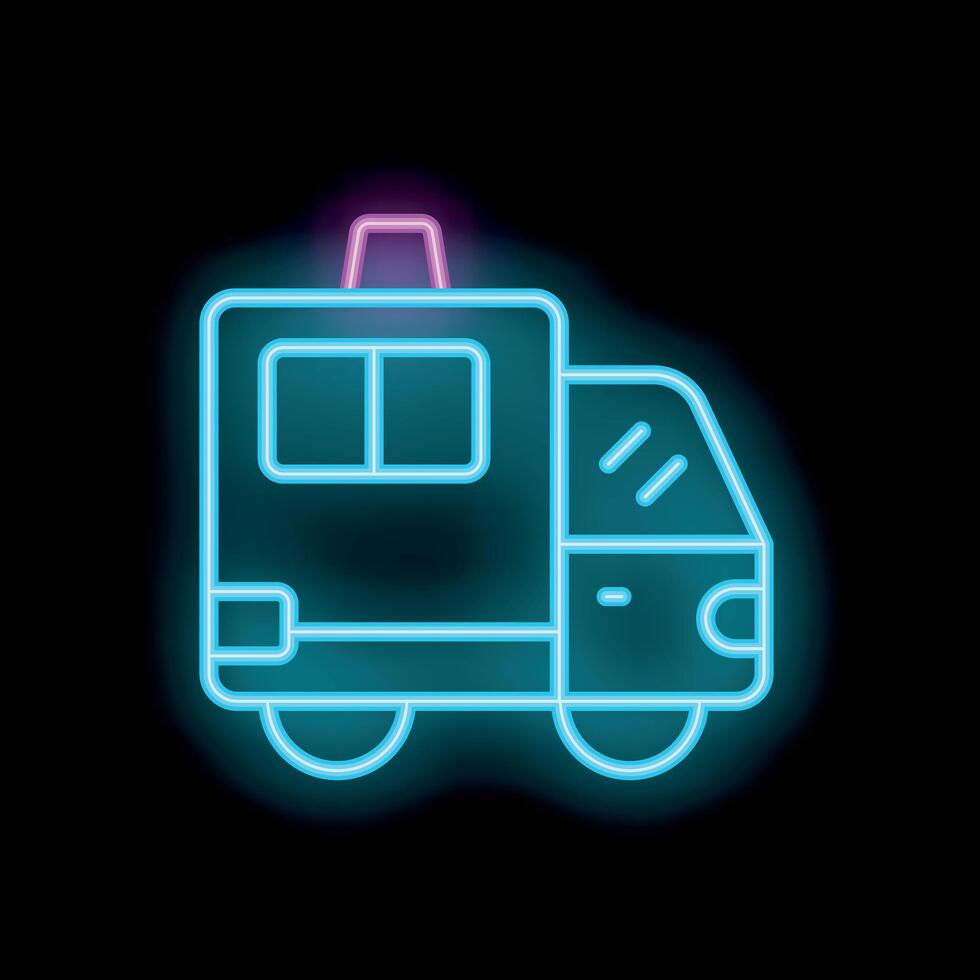Neon ambulance car icon glowing on dark background vector