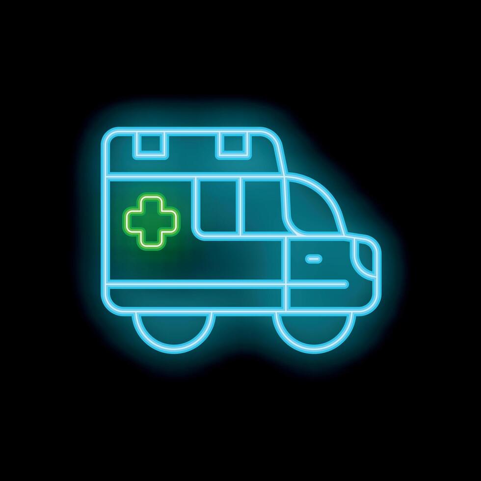 Blue neon ambulance icon glowing on dark background vector
