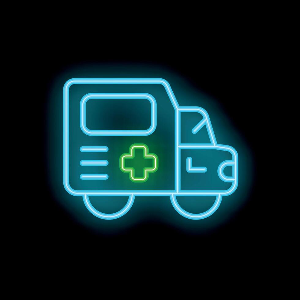Neon ambulance icon glowing on dark background vector