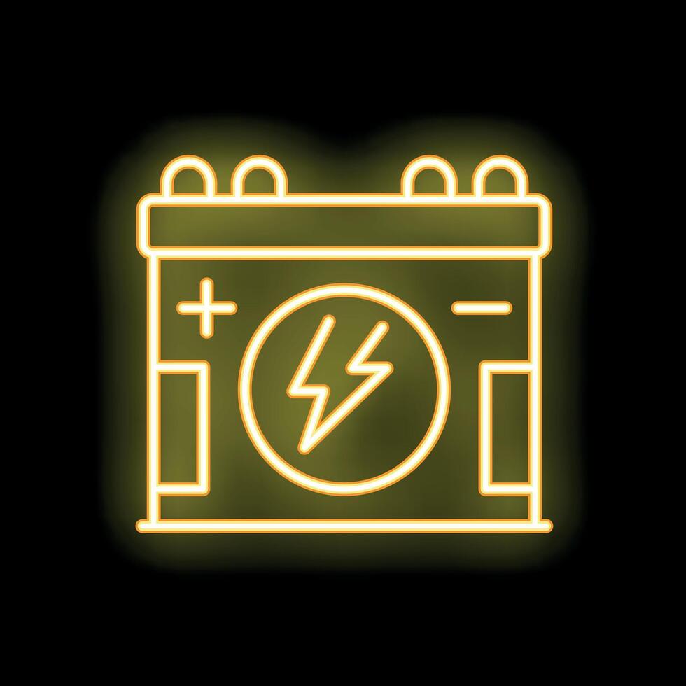 Glowing yellow neon icon of a car battery on a black background vector