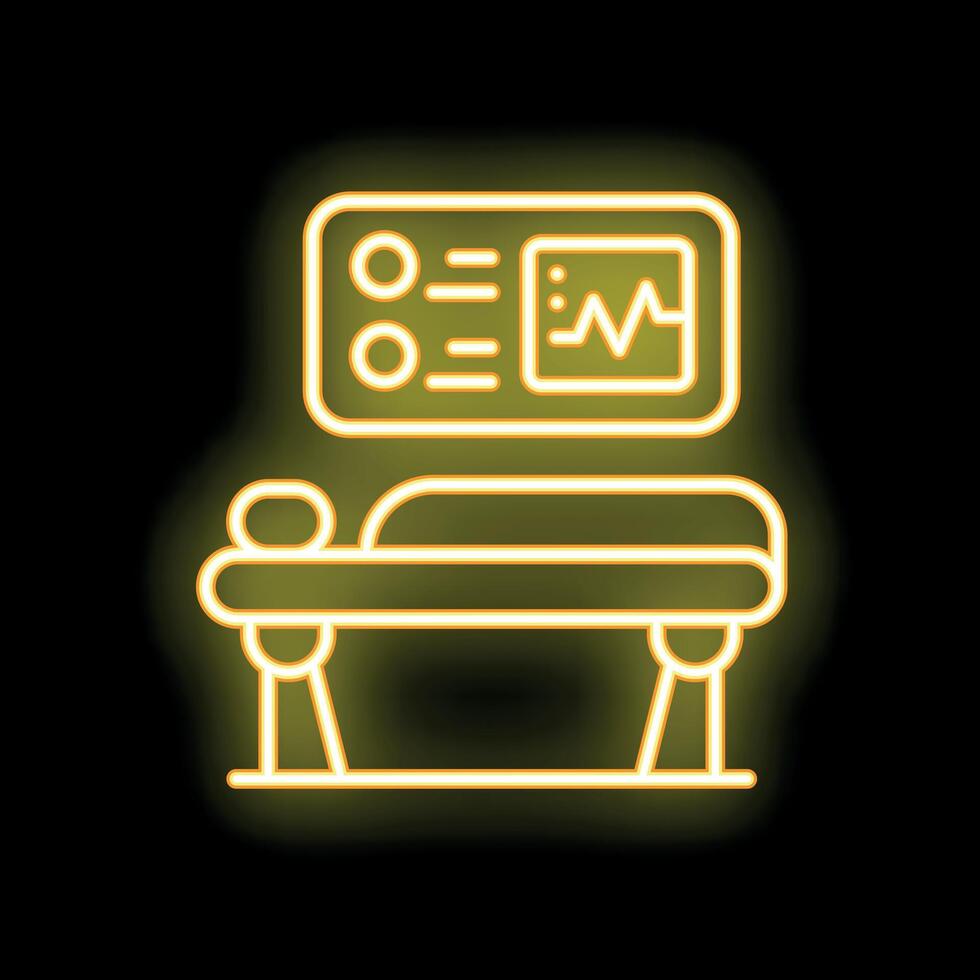 Neon icon of patient lying on medical bed with monitor showing vital signs vector