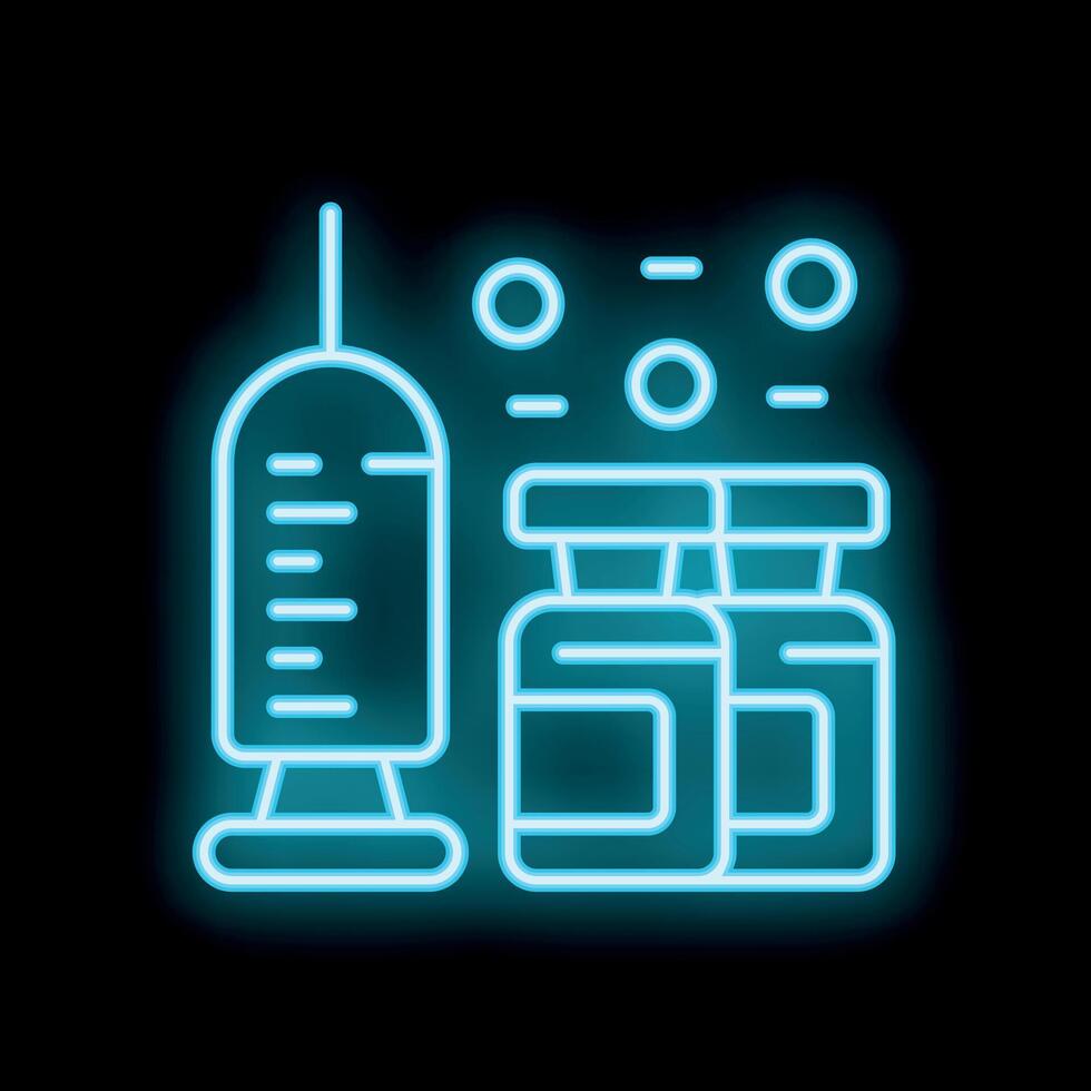 Neon style icon of syringe and medicine bottles representing vaccination vector