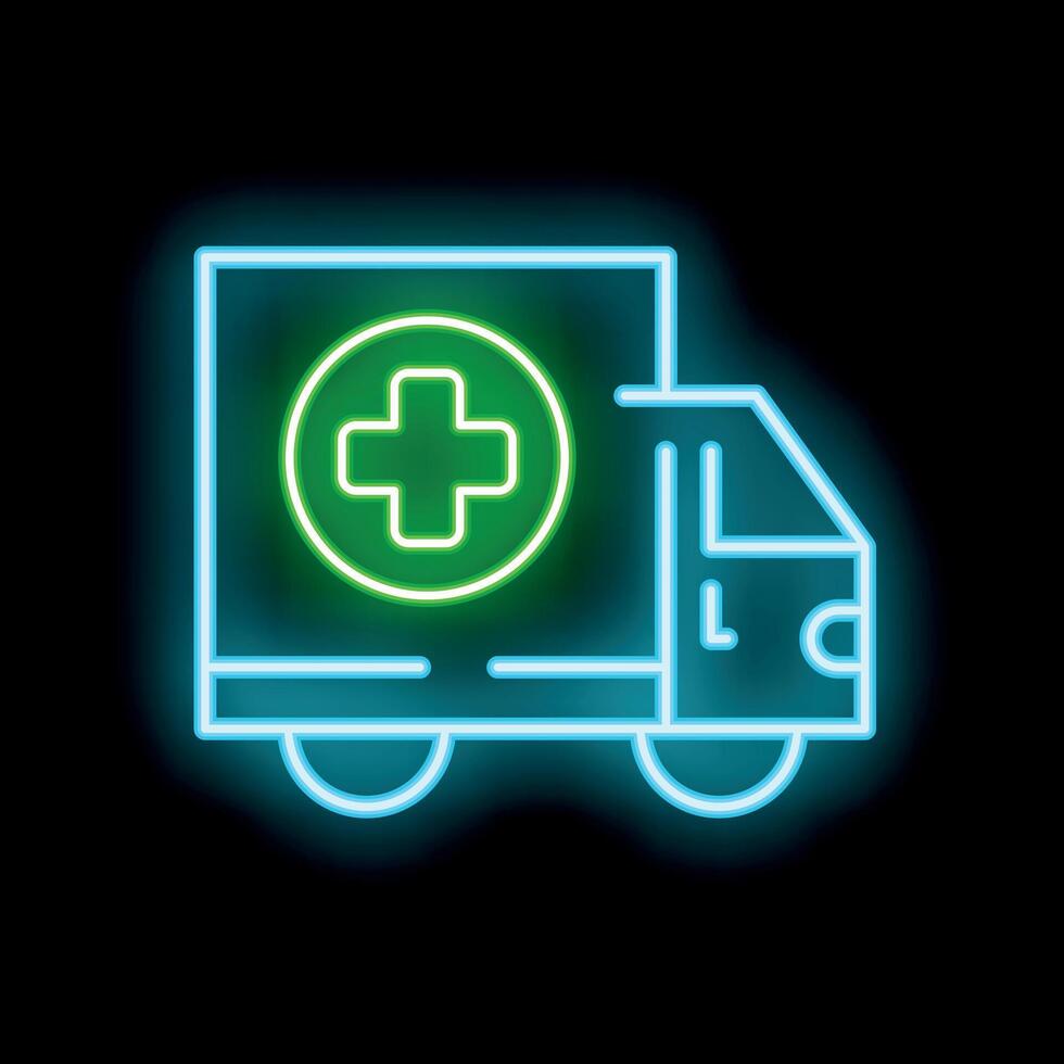 Neon ambulance icon glowing on dark background vector
