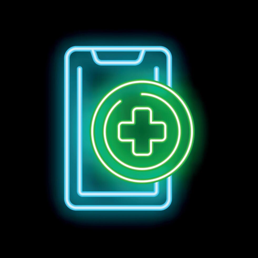 Neon green medical app icon over smartphone screen glowing on black background vector