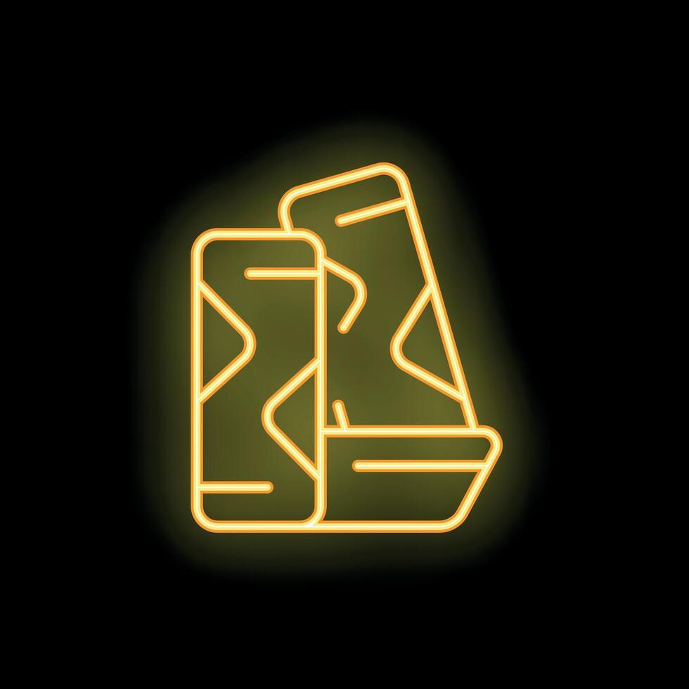 Neon icon of two smartphones with cracked screens displaying abstract pattern on black background vector