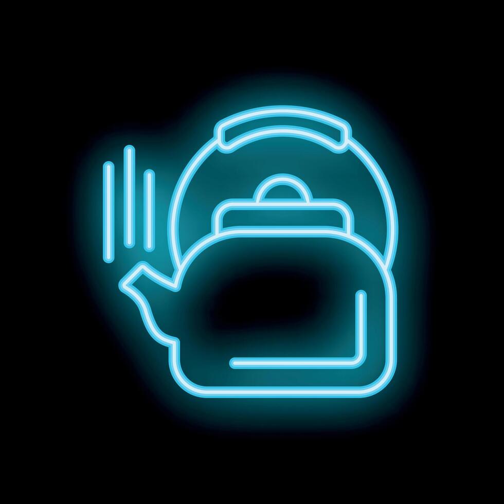 Blue neon sign of a boiling kettle on black background vector