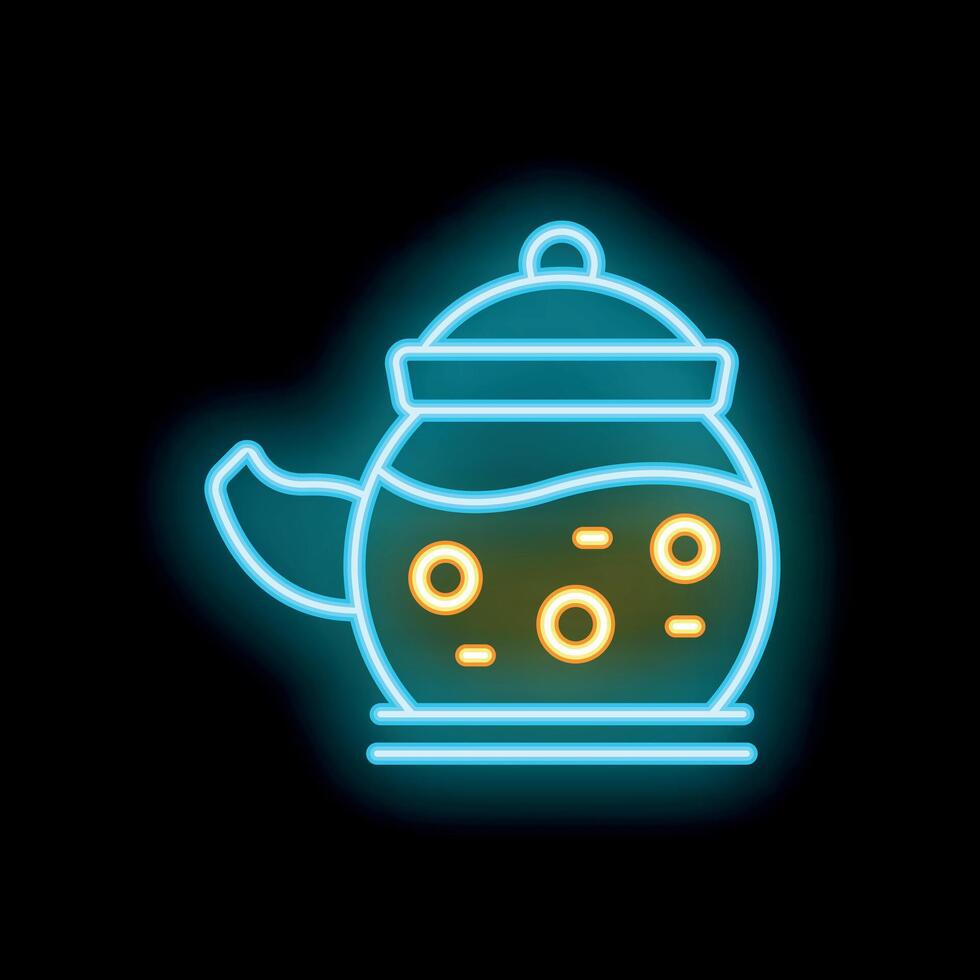 Glowing neon icon of teapot steeping herbal drink on black background vector