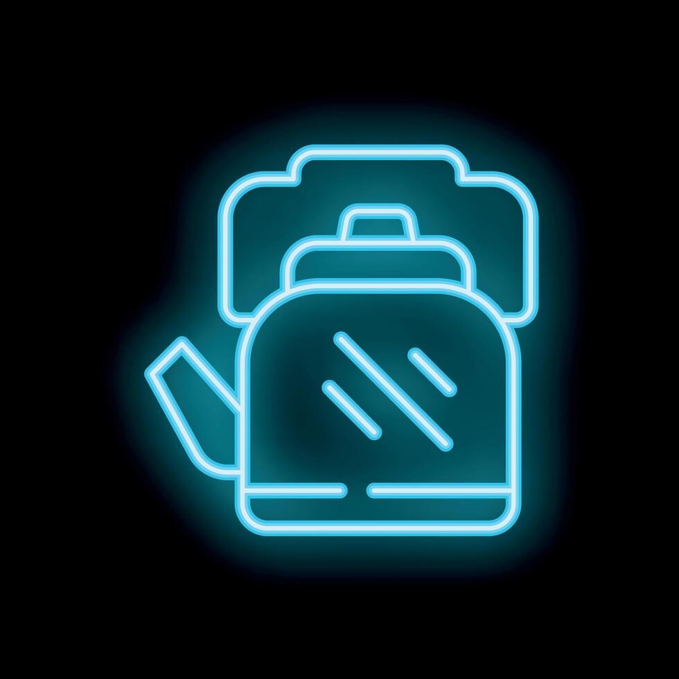 Blue neon icon of boiling kettle emitting steam on black background vector