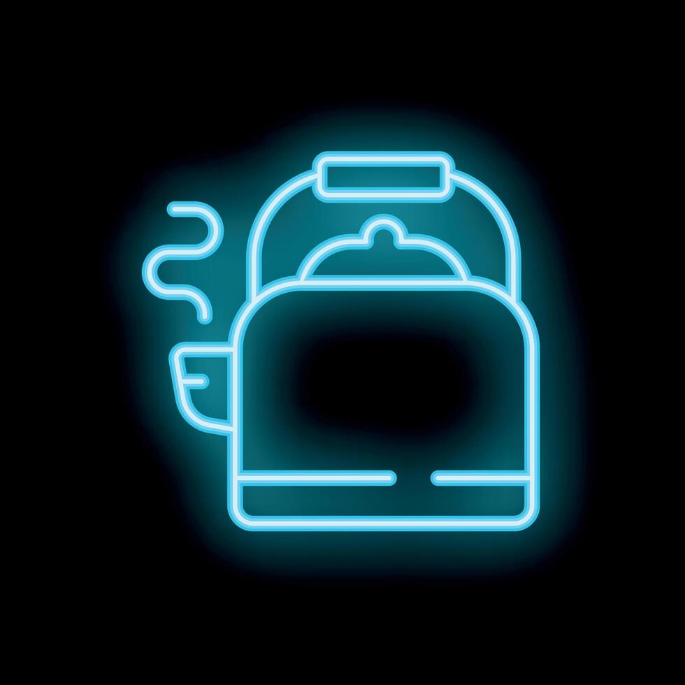 Blue neon sign of a boiling kettle on a black background vector