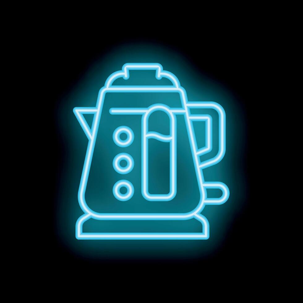 Blue neon sign of electric kettle with boiling water inside on a black background vector