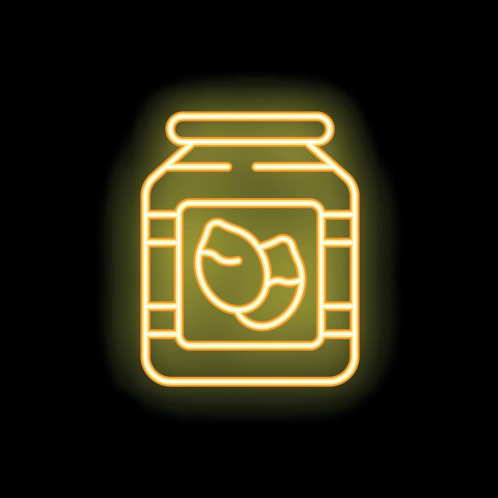 Neon icon of jar with coconut jam glowing on black background vector