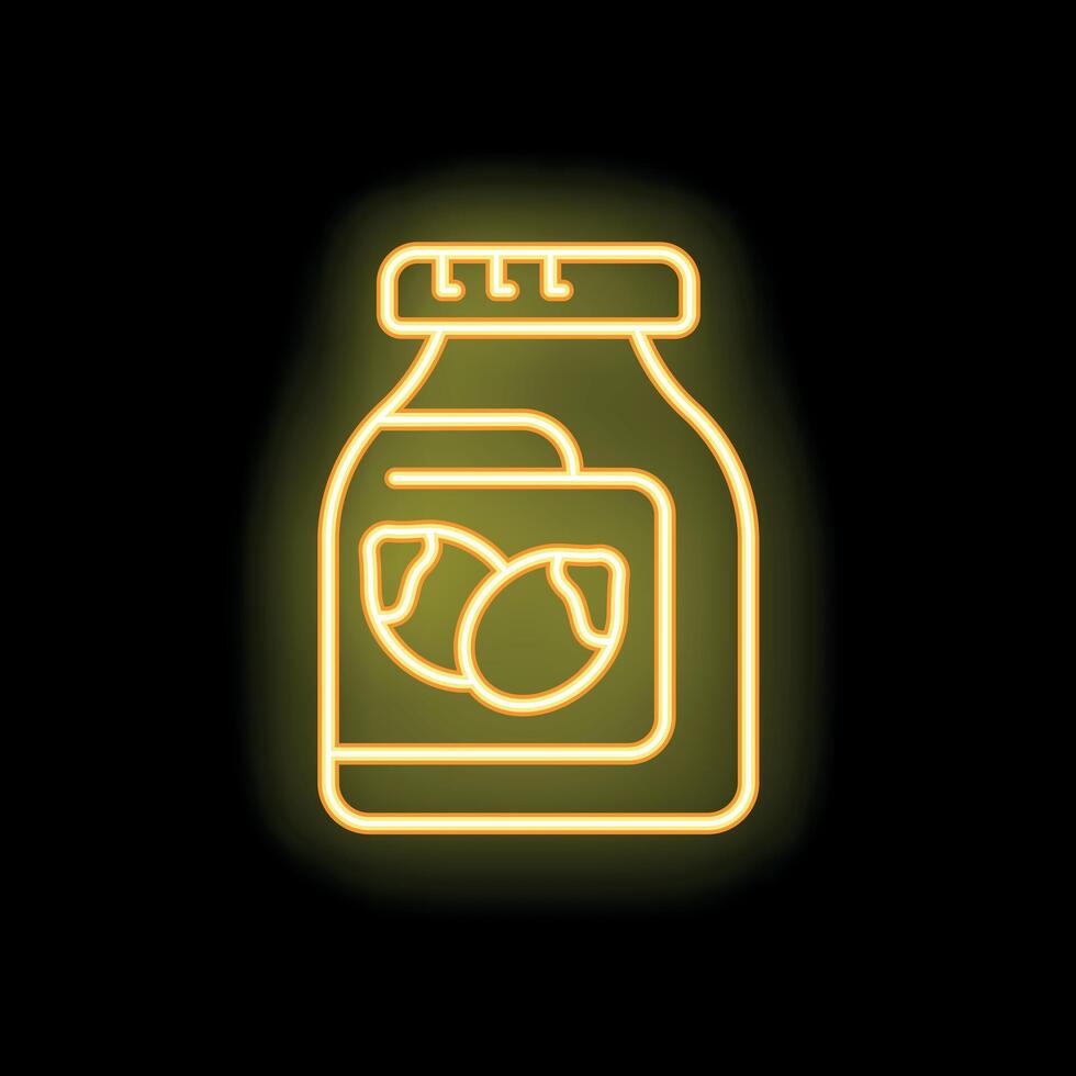 Neon icon of a jar filled with olives glowing on dark background vector