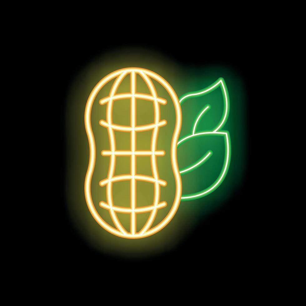 Neon sign representing a peanut with leaves on black background vector
