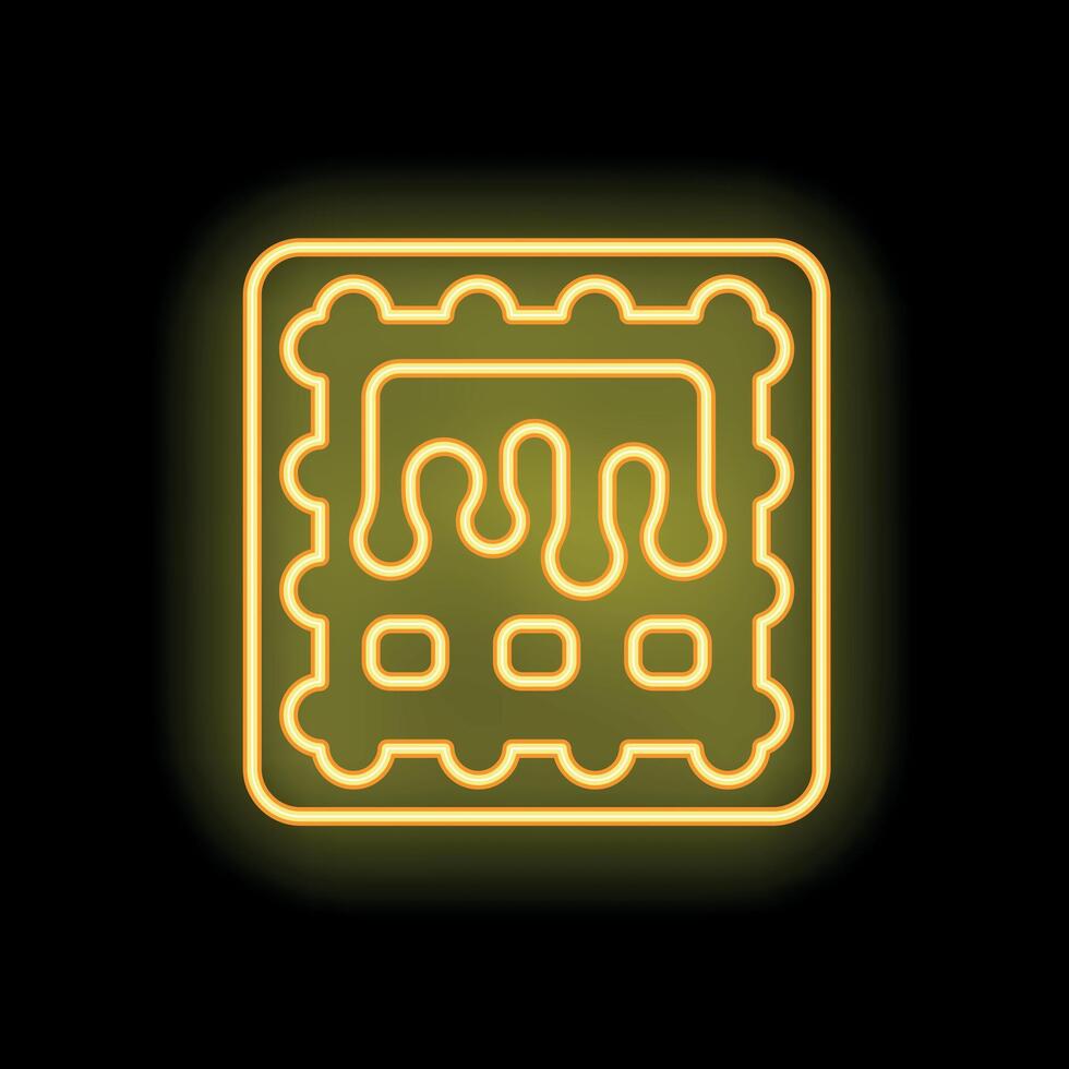 Neon icon of square cracker or cookie with jam filling glowing on dark background vector