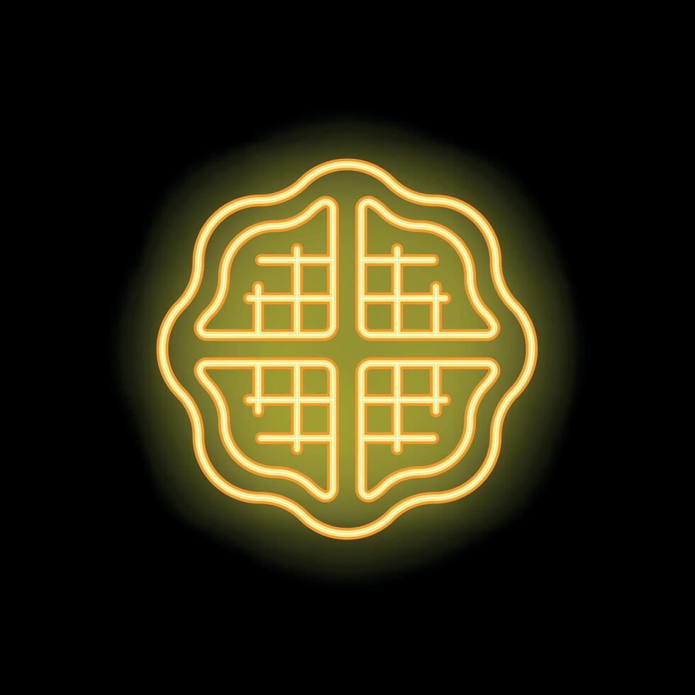 Neon sign showing round waffle icon on dark brick wall background vector