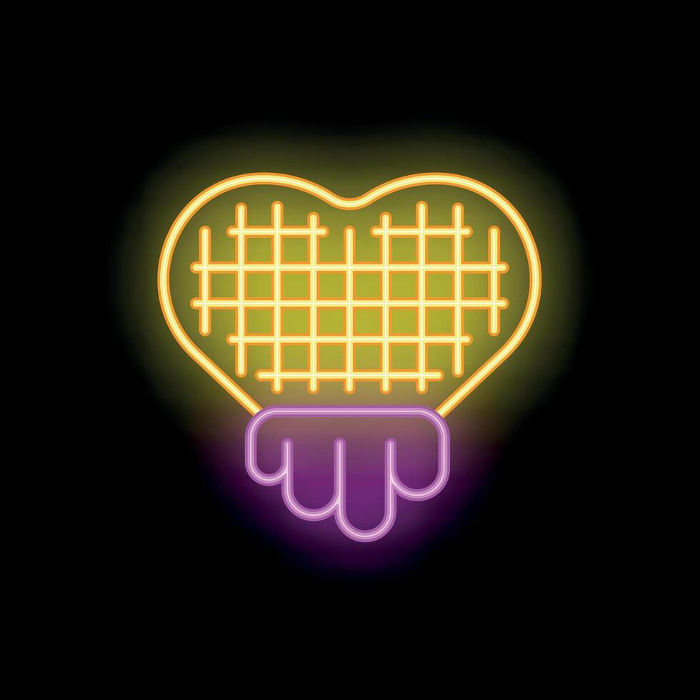 Neon sign representing heart shaped waffle with dripping chocolate on black background vector