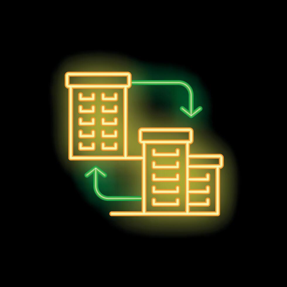 Neon icon showing business relocation between buildings vector