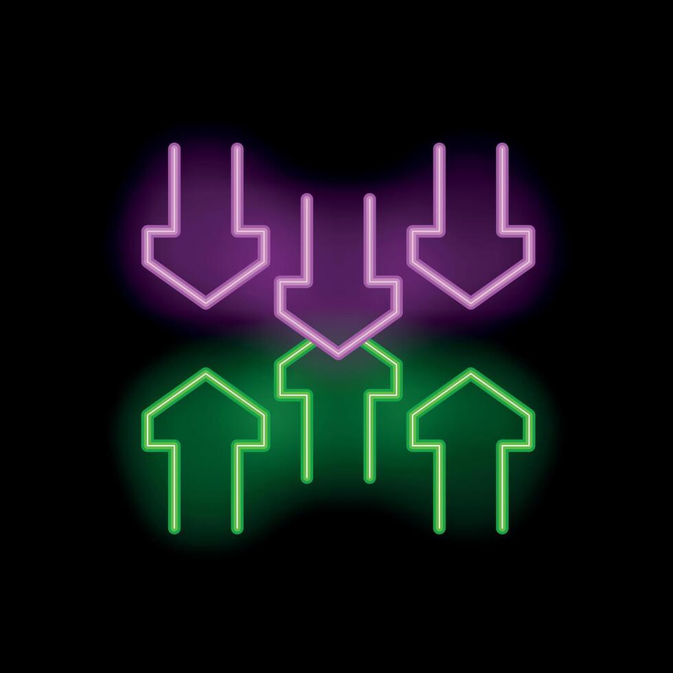 Green and purple neon arrows pointing up and down on black background vector