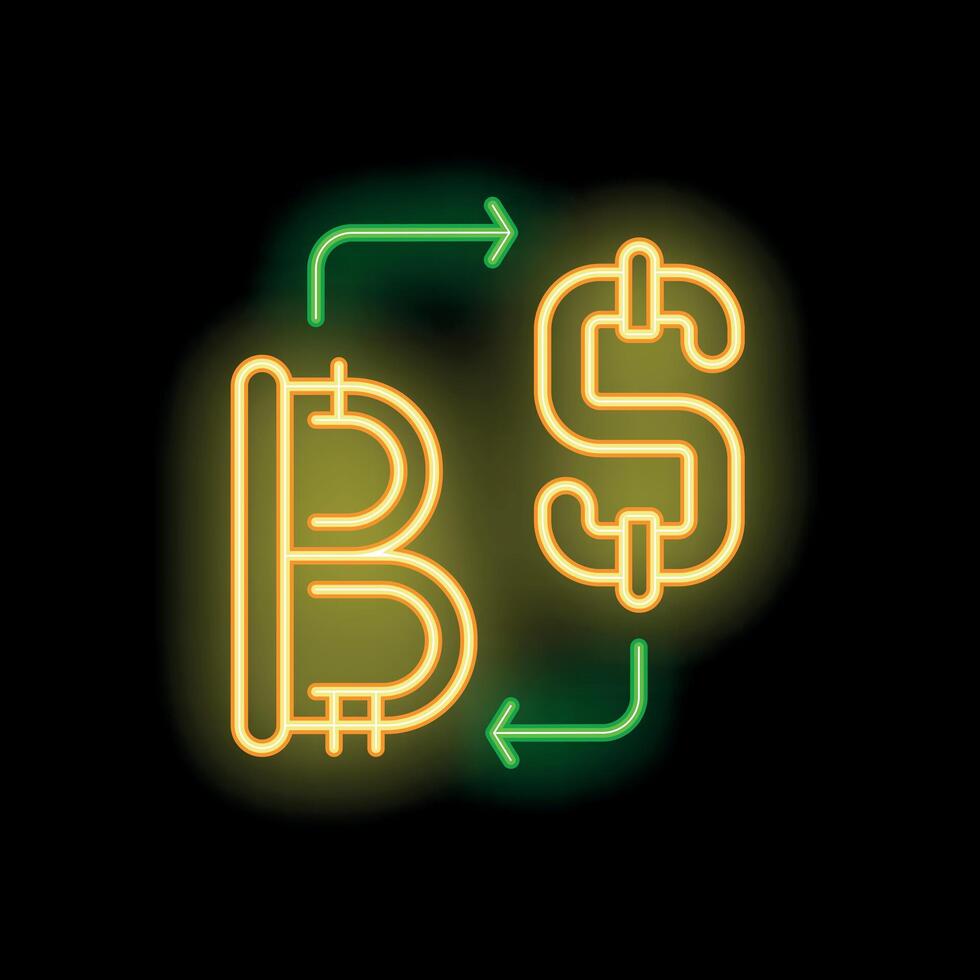 Neon sign showing bitcoin converting to us dollar currency exchange vector