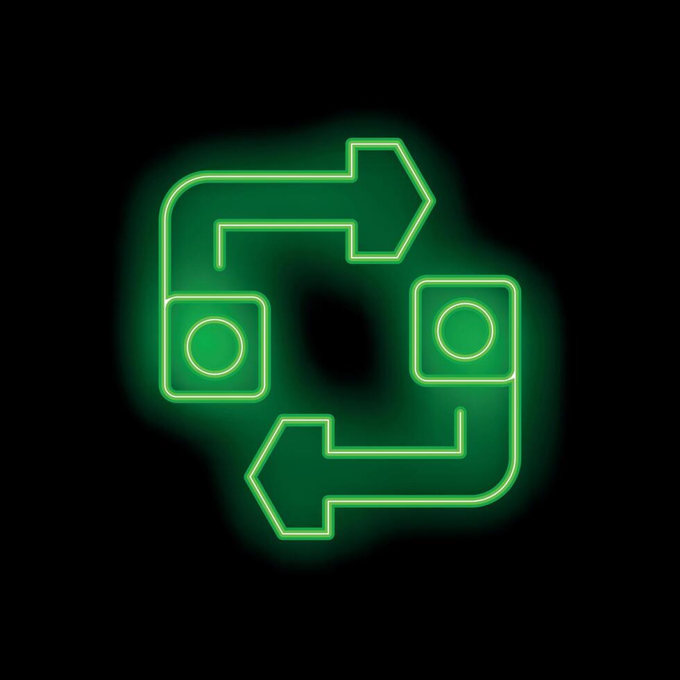Green neon connected square shape with arrows pointing on a black background vector