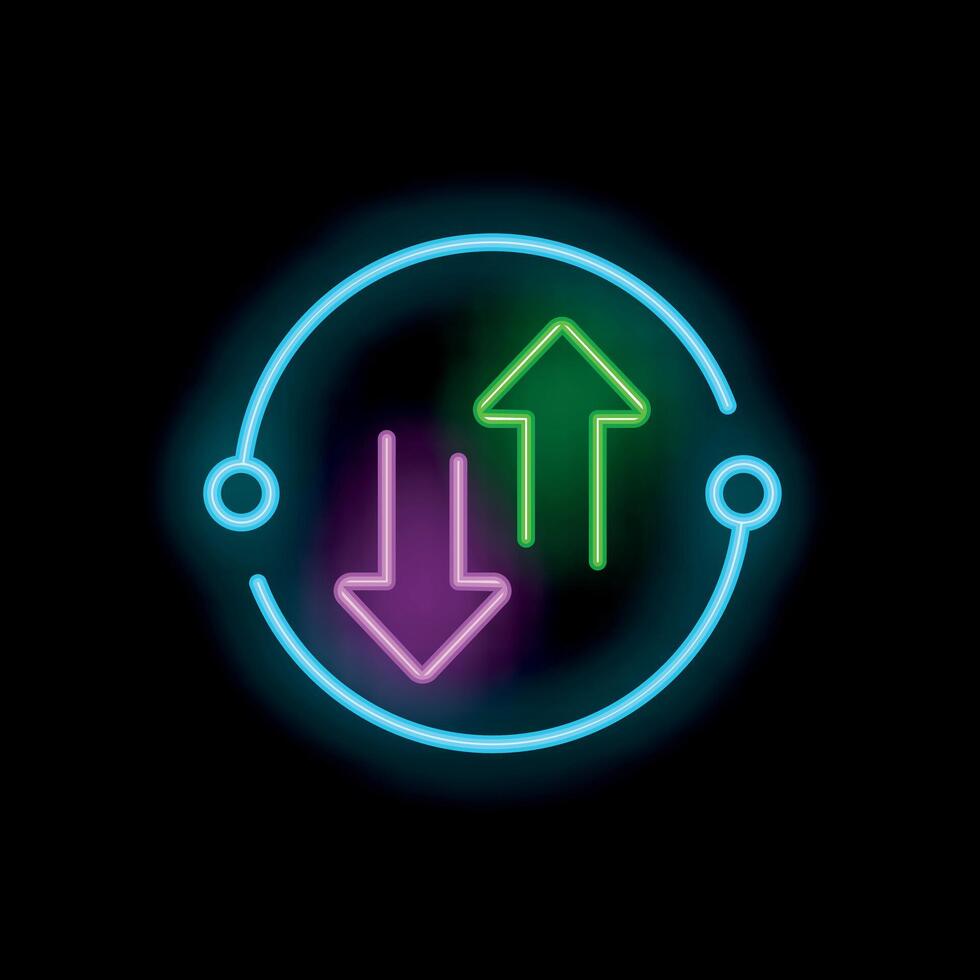 Neon sign depicting up and down arrows in circle on black background vector
