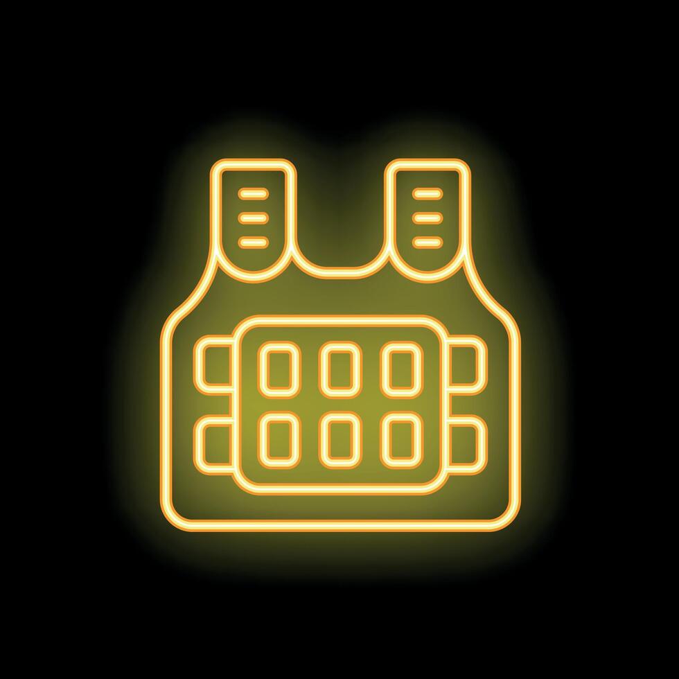 Yellow neon icon of a bulletproof vest glowing on black background vector