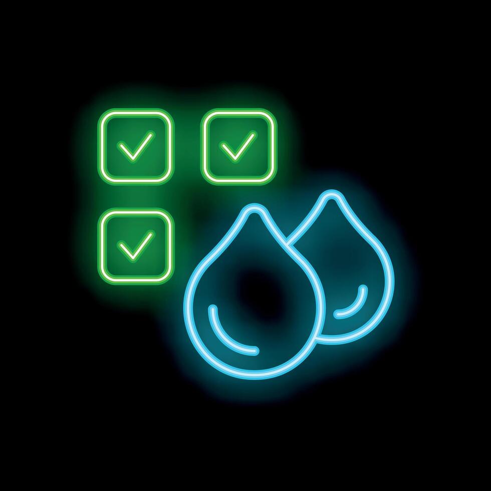 Neon icon of water purity test showing checkmarks and water drops vector