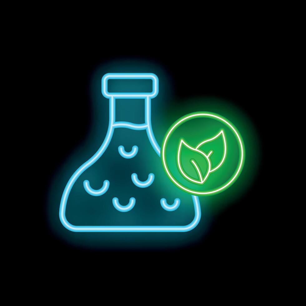 Neon icon of erlenmeyer flask with liquid and green leaves representing sustainable chemistry vector