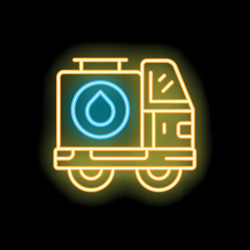 Glowing neon line icon representing a water delivery truck, isolated on a black background vector