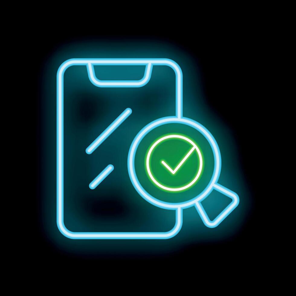 Neon icon of magnifying glass verifying smartphone content vector
