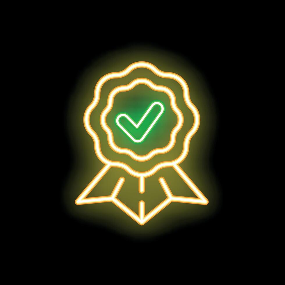 Neon sign showing quality assurance with check mark on black background vector
