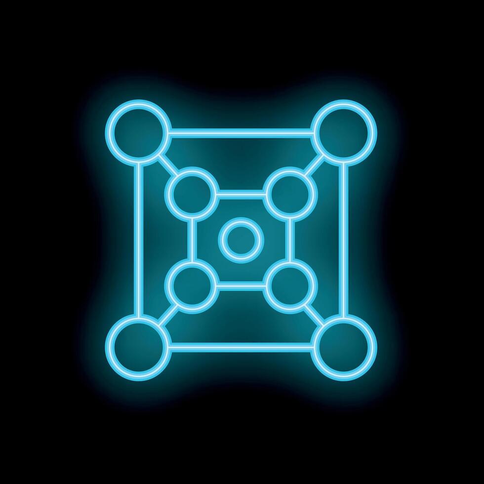 Neon blue blockchain network connecting dots on black background vector