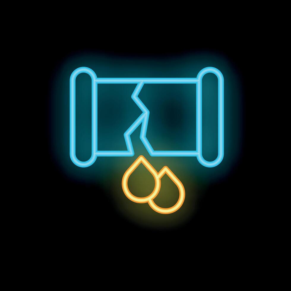 Neon sign depicting broken pipe leaking liquid on black background vector