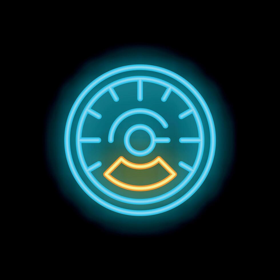 Neon sign representing speedometer showing increasing speed on black background vector