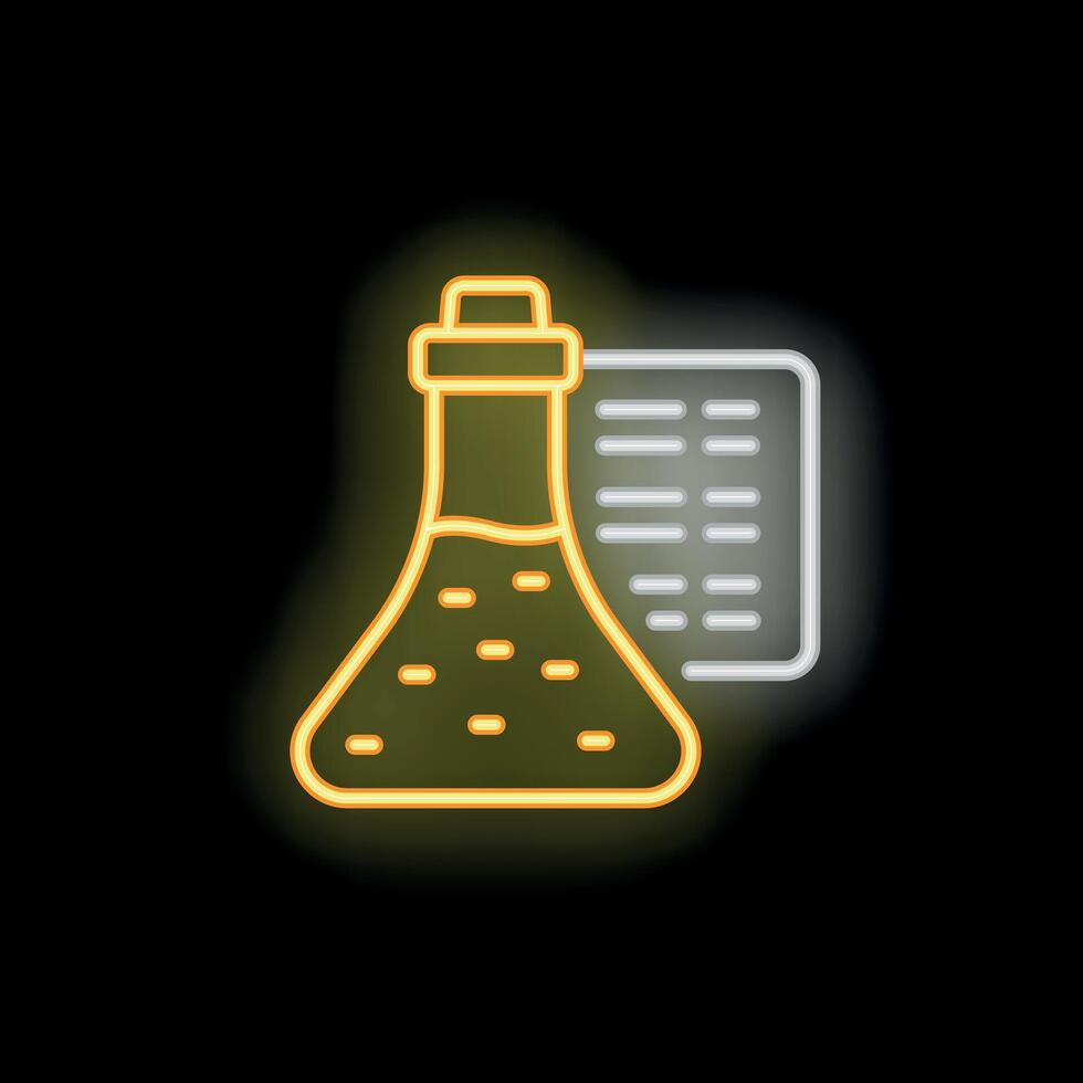 Neon icon of erlenmeyer flask conducting scientific experiment with data analysis vector