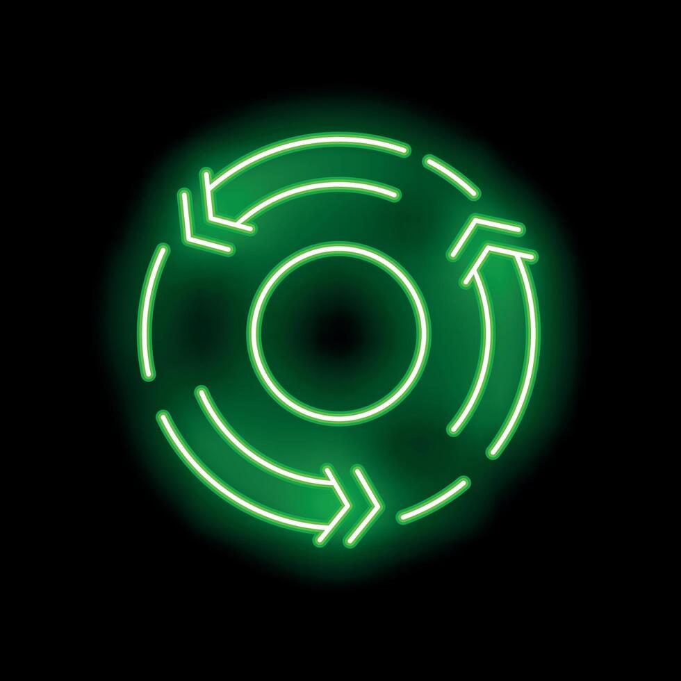 Green neon light circular arrows sign showing rotation vector