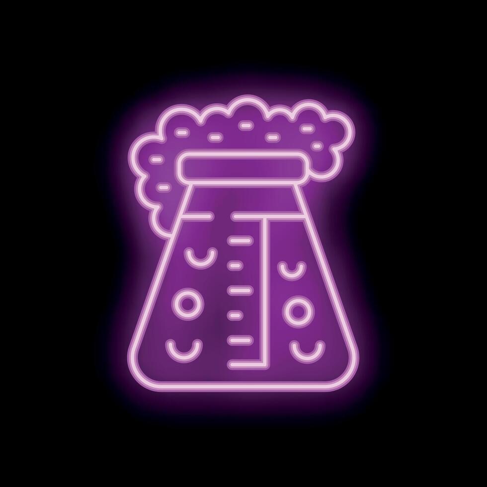 Neon icon of chemical flask releasing vapor in purple vector