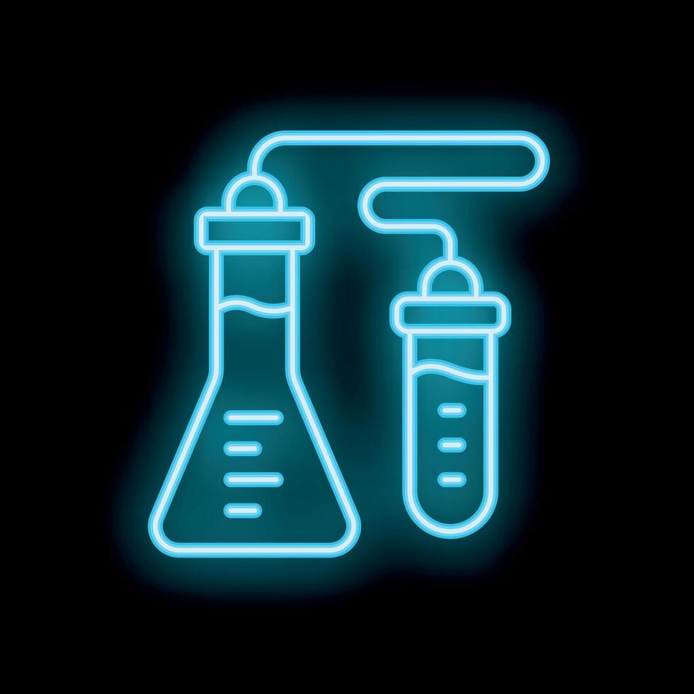 Neon icon of chemical test tube being filled from erlenmeyer flask vector