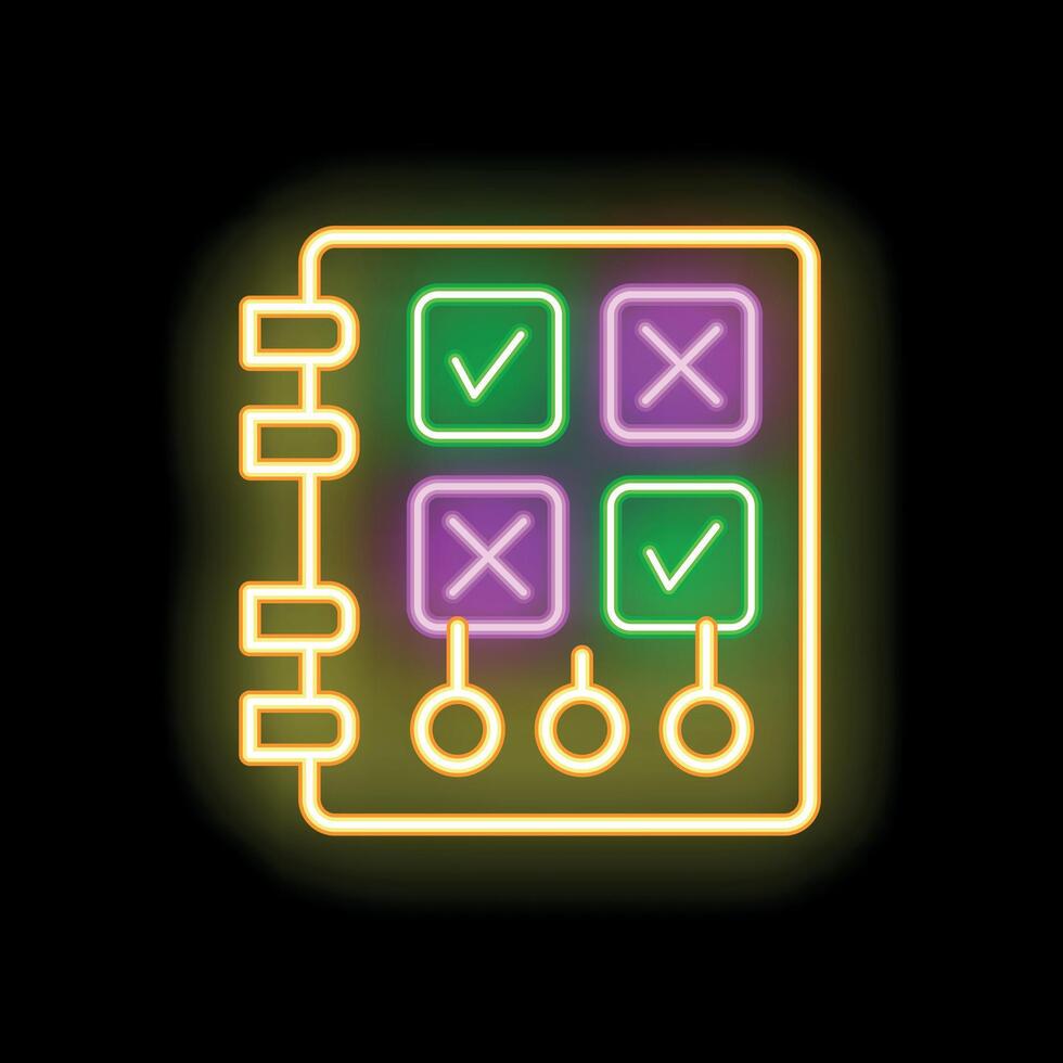Neon notebook with checkmarks representing a to do list or quiz vector